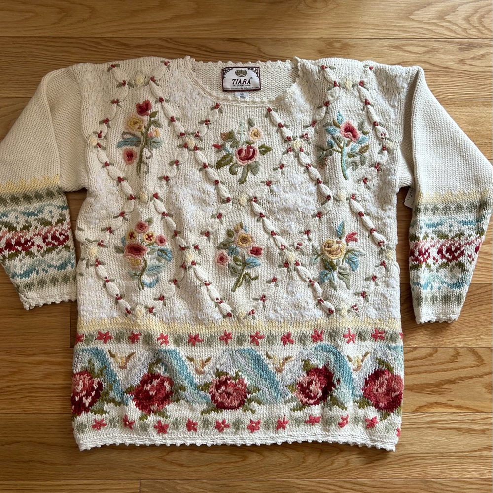 Tiara Women's Floral Knit Sweater - Cream with Multicolor Accents